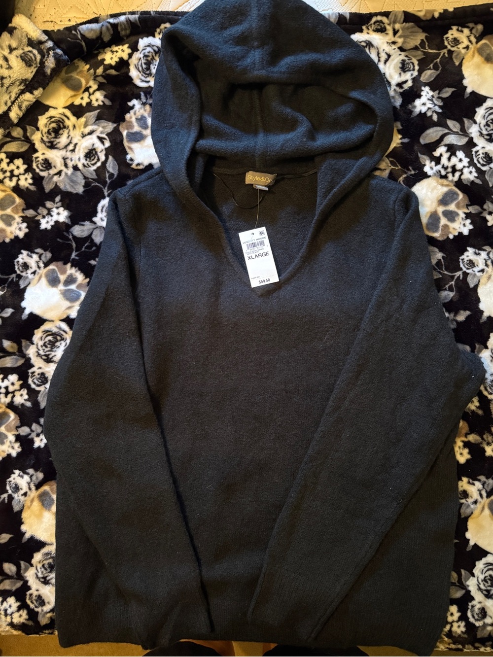 Style & Co. Black V-Neck Hooded Sweater